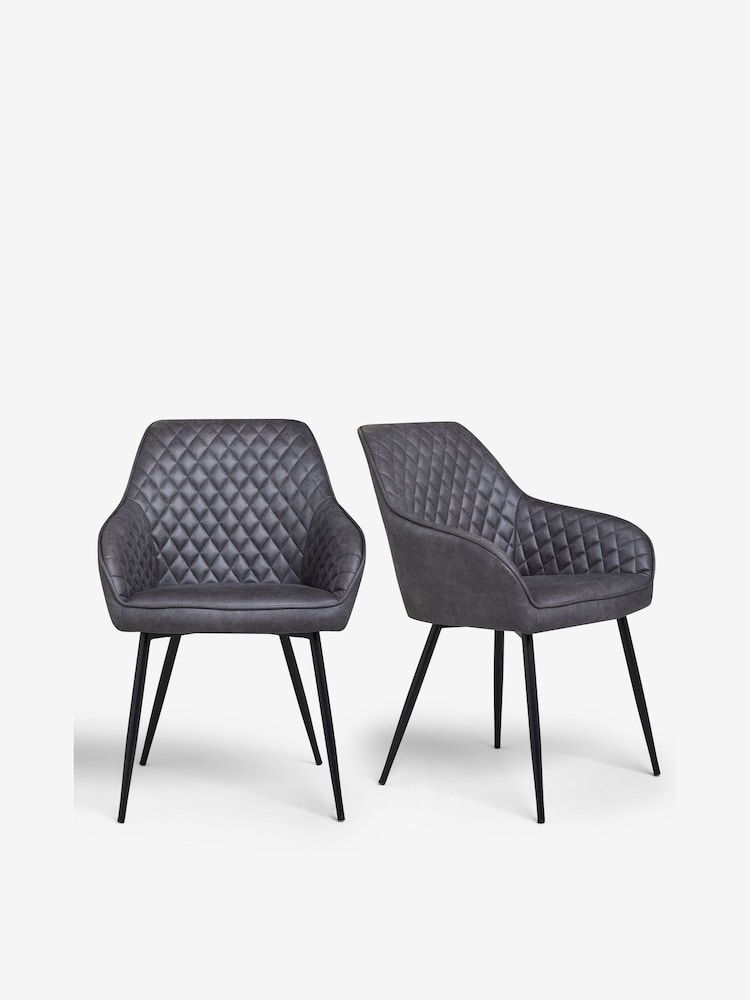 Set of 2 Monza Faux Leather Dark Grey Hamilton Black Leg Quilted Dining Chairs - Image 1 of 7