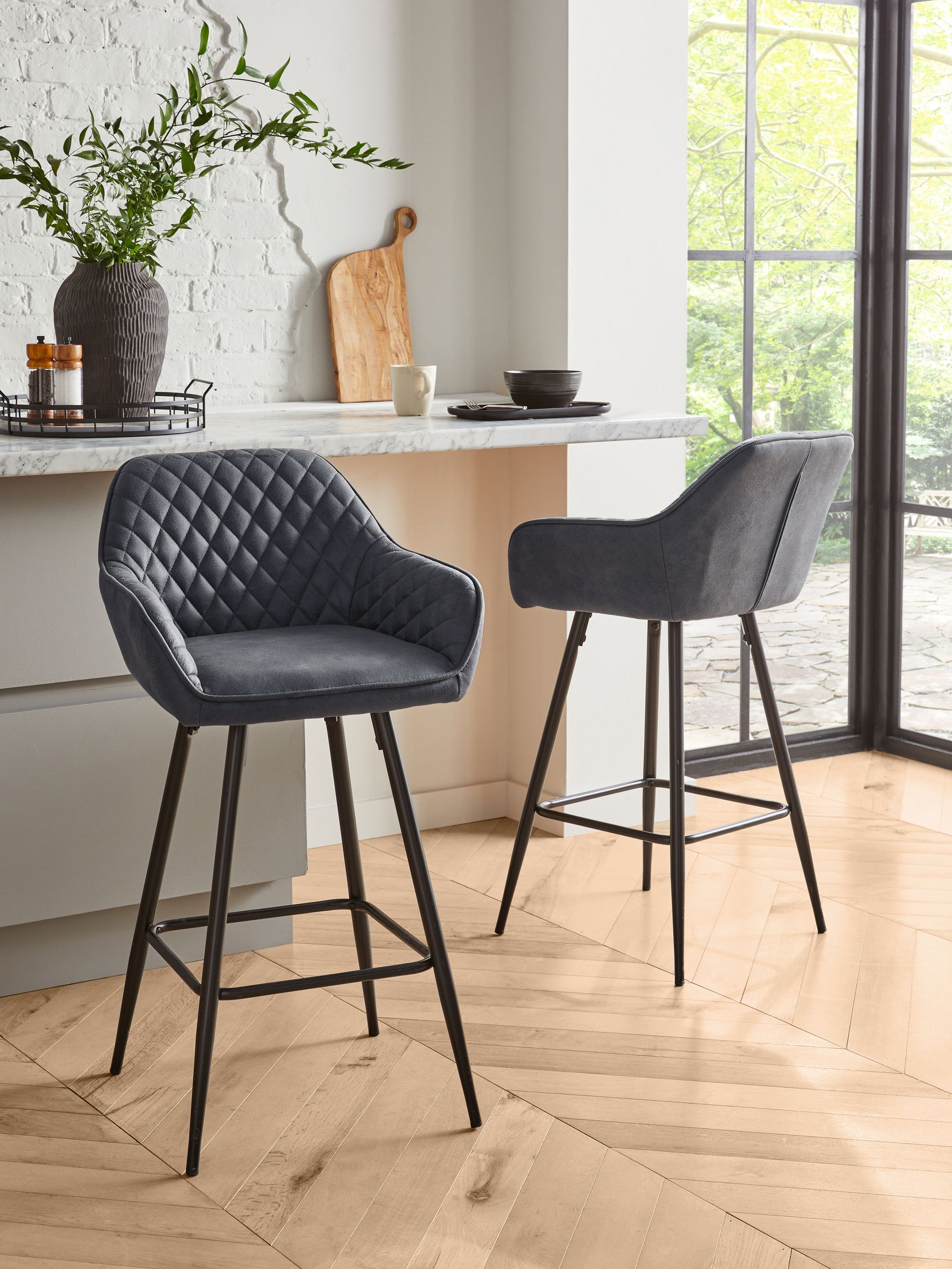 Buy Monza Faux Leather Dark Grey Hamilton Fixed Height Quilted Kitchen Bar Stool from the Next UK online shop