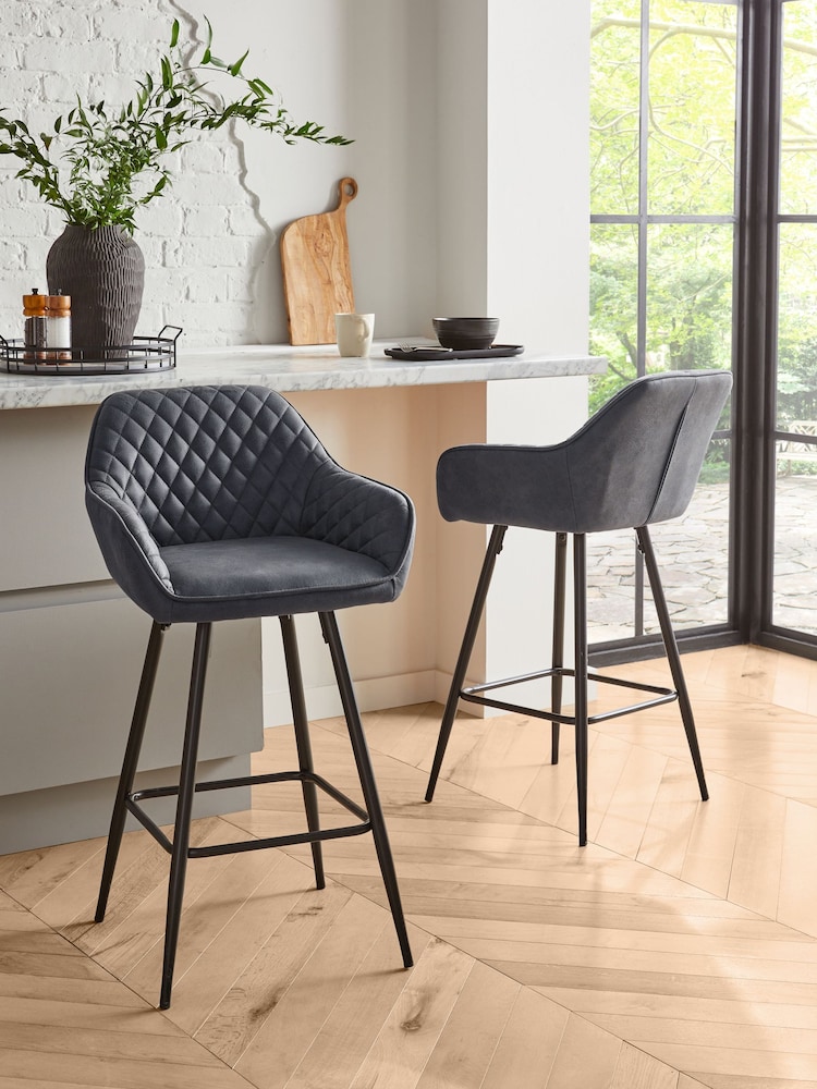 Monza Faux Leather Dark Grey Hamilton Fixed Height Quilted Kitchen Bar Stool - Image 1 of 6