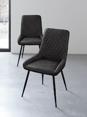 Set of 2 Monza Faux Leather Dark Grey Hamilton Black Leg Quilted Dining Chairs - Image 1 of 10