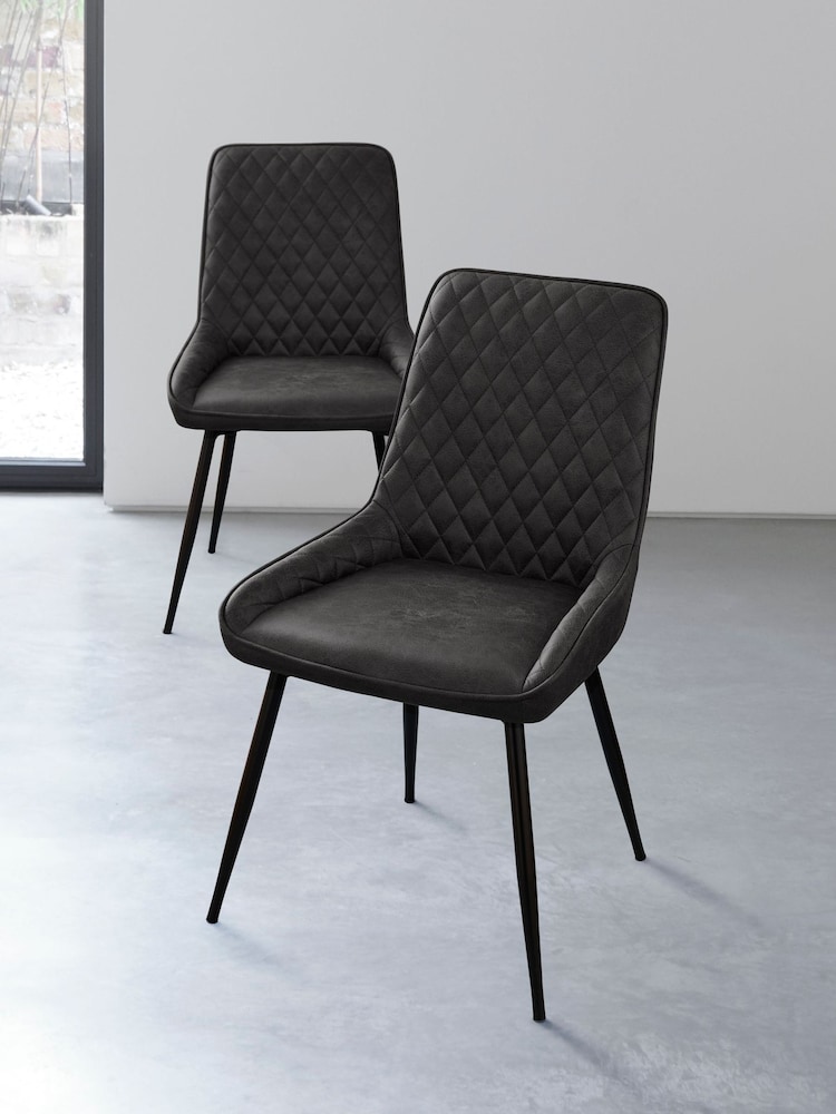 Set of 2 Monza Faux Leather Dark Grey Hamilton Black Leg Quilted Dining Chairs - Image 1 of 10
