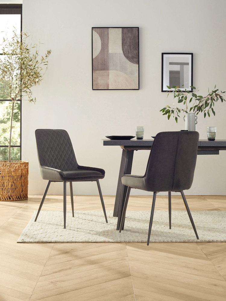 Set of 2 Monza Faux Leather Dark Grey Hamilton Black Leg Quilted Dining Chairs - Image 2 of 10