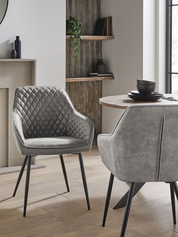 Set of 2 Monza Faux Leather Light Grey Hamilton Black Leg Quilted Dining Chairs - Image 1 of 8