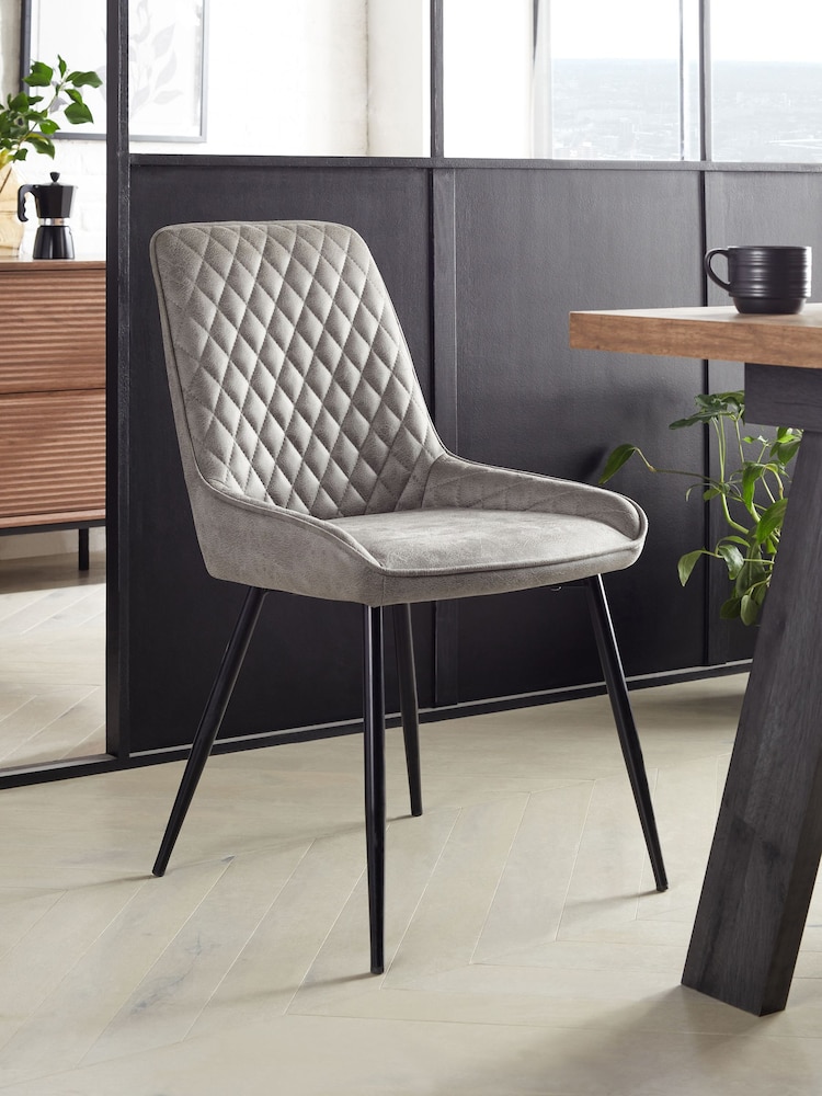 Set of 2 Monza Faux Leather Light Grey Hamilton Black Leg Quilted Dining Chairs - Image 1 of 4