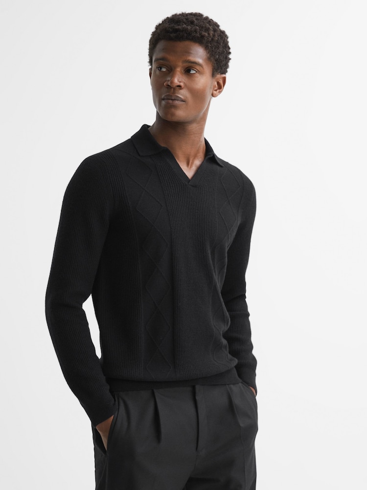 Reiss Black Malik Wool Open Collar Top - Image 1 of 5