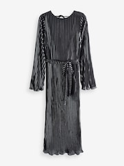 Silver Metallic Stripe Long Sleeve Belted Midi Dress - Image 1 of 6