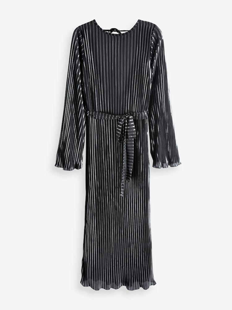 Silver Metallic Stripe Long Sleeve Belted Midi Dress - Image 1 of 6