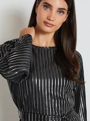 Silver Metallic Stripe Long Sleeve Belted Midi Dress - Image 3 of 6