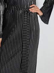 Silver Metallic Stripe Long Sleeve Belted Midi Dress - Image 4 of 6
