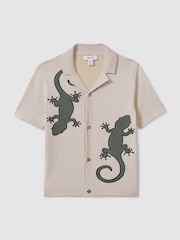 Reiss Stone/Green Reggie 13-14 yrs Knitted Reptile Cuban Collar Shirt - Image 1 of 4