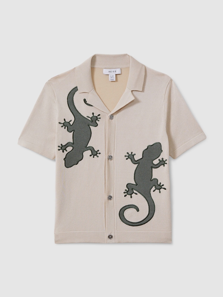 Reiss Stone/Green Reggie 13-14 yrs Knitted Reptile Cuban Collar Shirt - Image 1 of 4