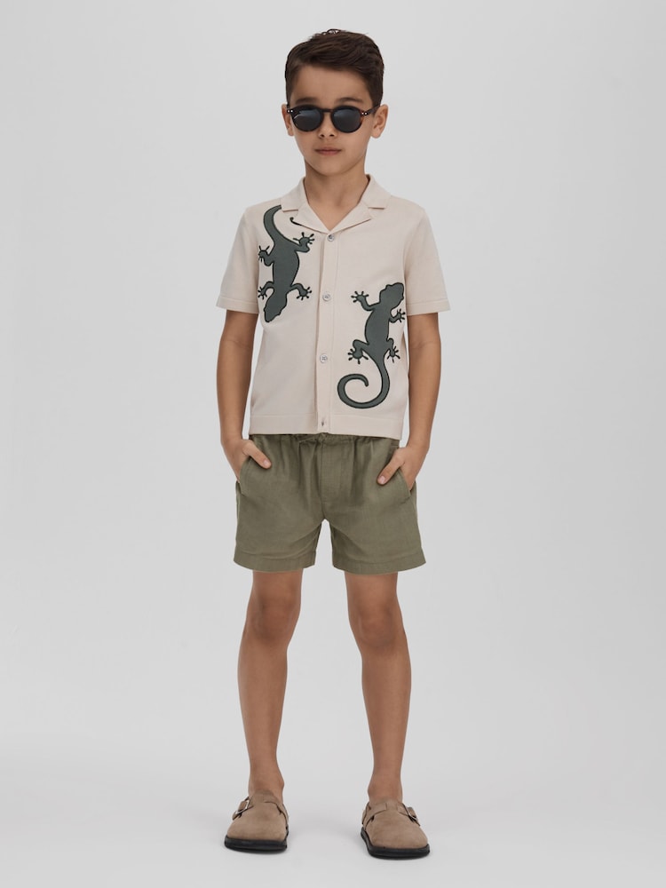 Reiss Stone/Green Reggie 13-14 yrs Knitted Reptile Cuban Collar Shirt - Image 2 of 4