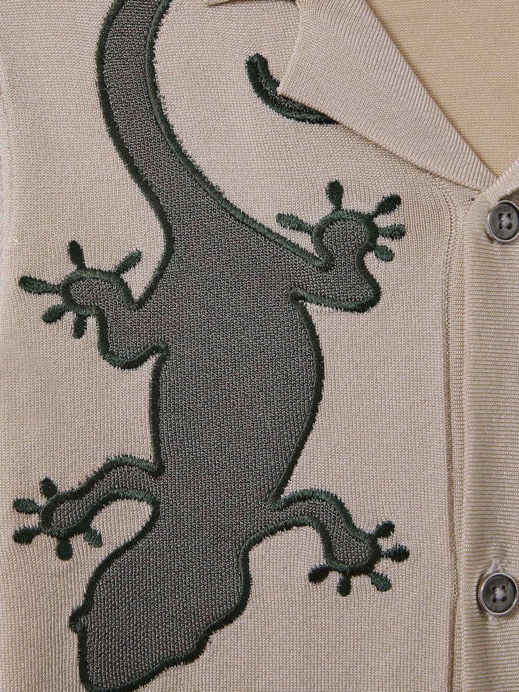 Reiss Stone/Green Reggie 13-14 yrs Knitted Reptile Cuban Collar Shirt - Image 4 of 4