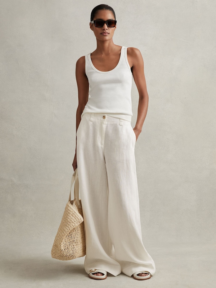 Reiss White Demi Linen Wide Leg Garment Dyed Trousers - Image 1 of 5