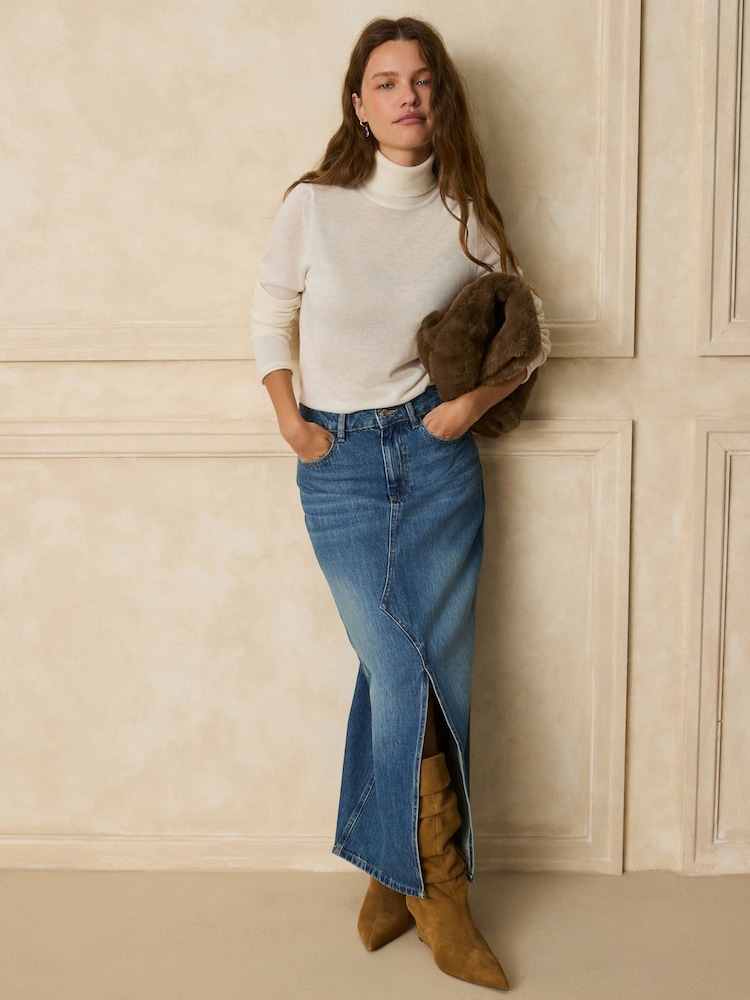 Mid Blue Split Front Maxi Denim Skirt - Image 1 of 9 Mid Blue Split Front Maxi Denim Skirt - Image 1 of 9