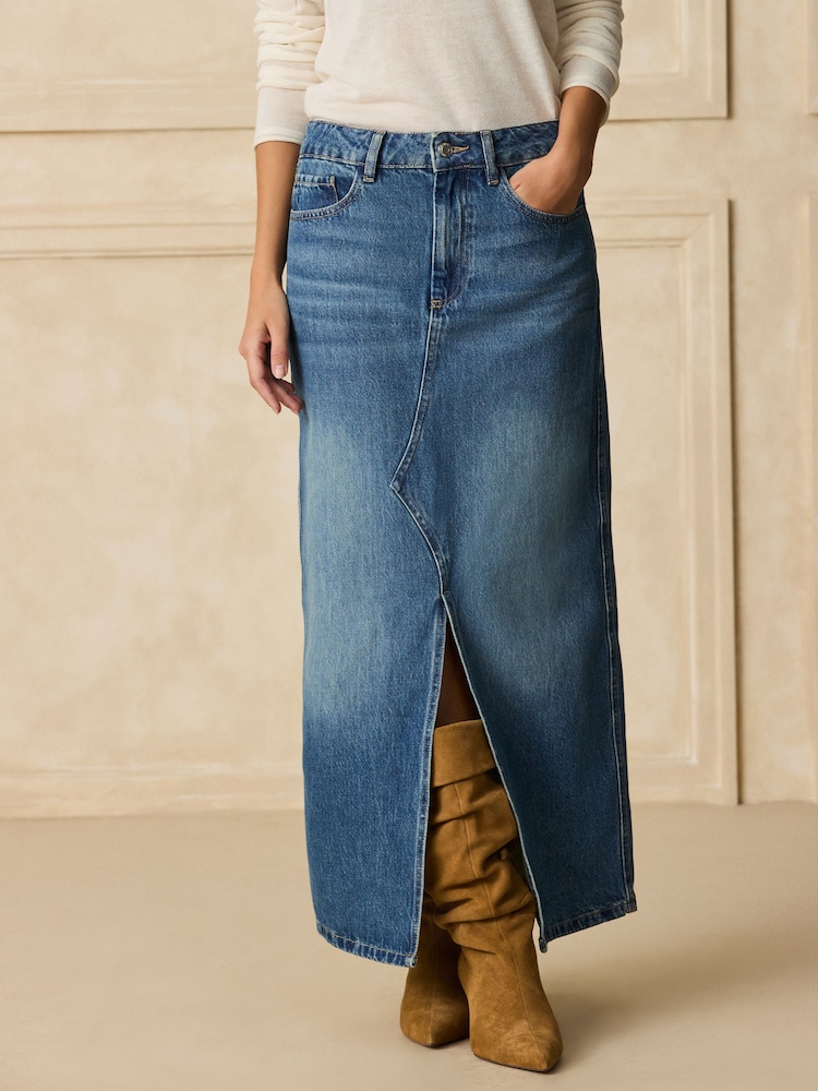 Mid Blue Split Front Maxi Denim Skirt - Image 2 of 9 Mid Blue Split Front Maxi Denim Skirt - Image 2 of 9