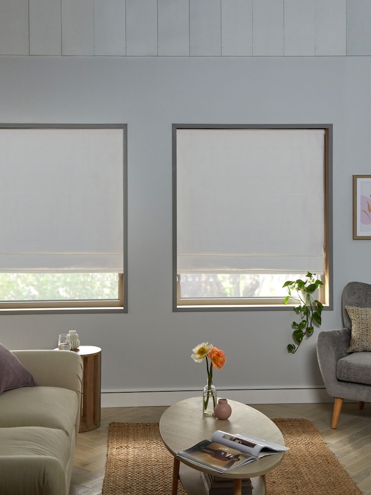 White Ready Made Blackout Roman Blind Textured Tassel Edge - Image 1 of 6