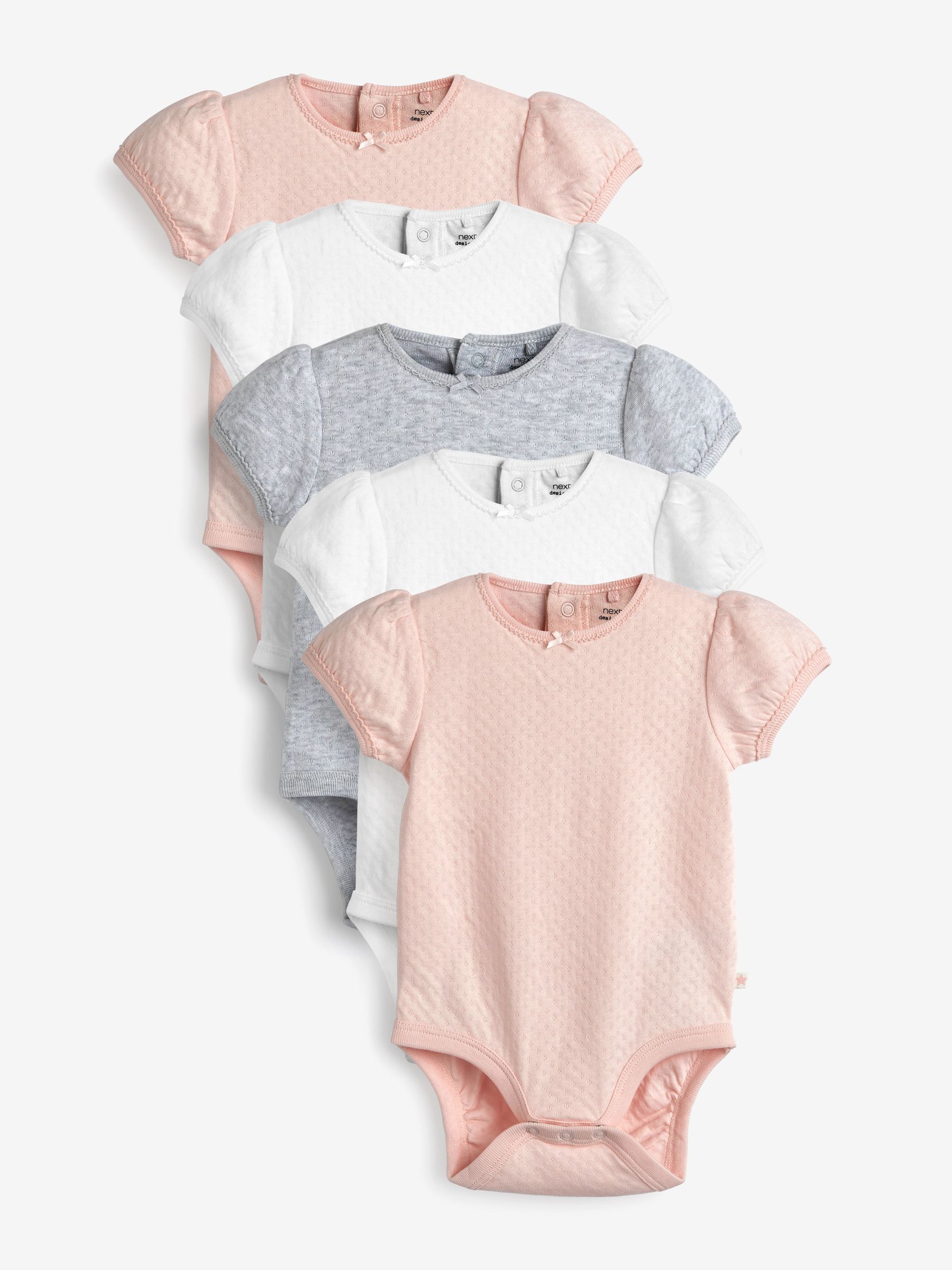 Buy Pink Cream Pointelle 5 Pack Short Sleeve Baby Bodysuits from Next Luxembourg