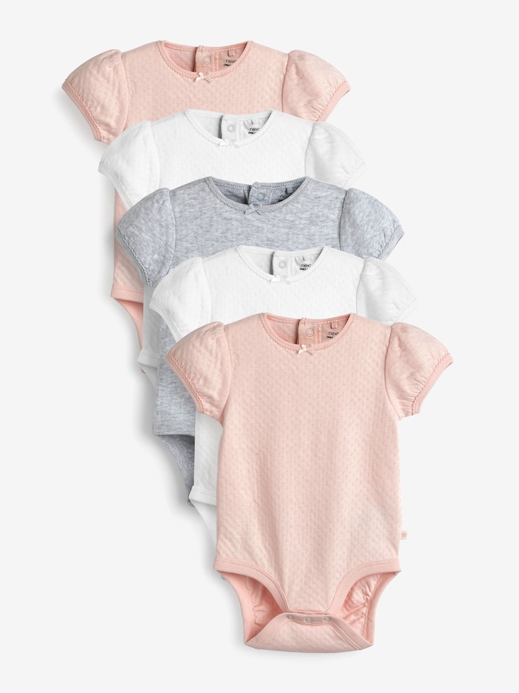 Pink/Cream Pointelle 5 Pack Short Sleeve Baby Bodysuits - Image 1 of 8