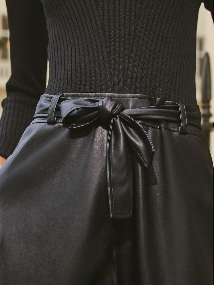 Black 2-In-1 High Neck Faux Leather PU Mix Belted Jumper Dress - Image 5 of 6