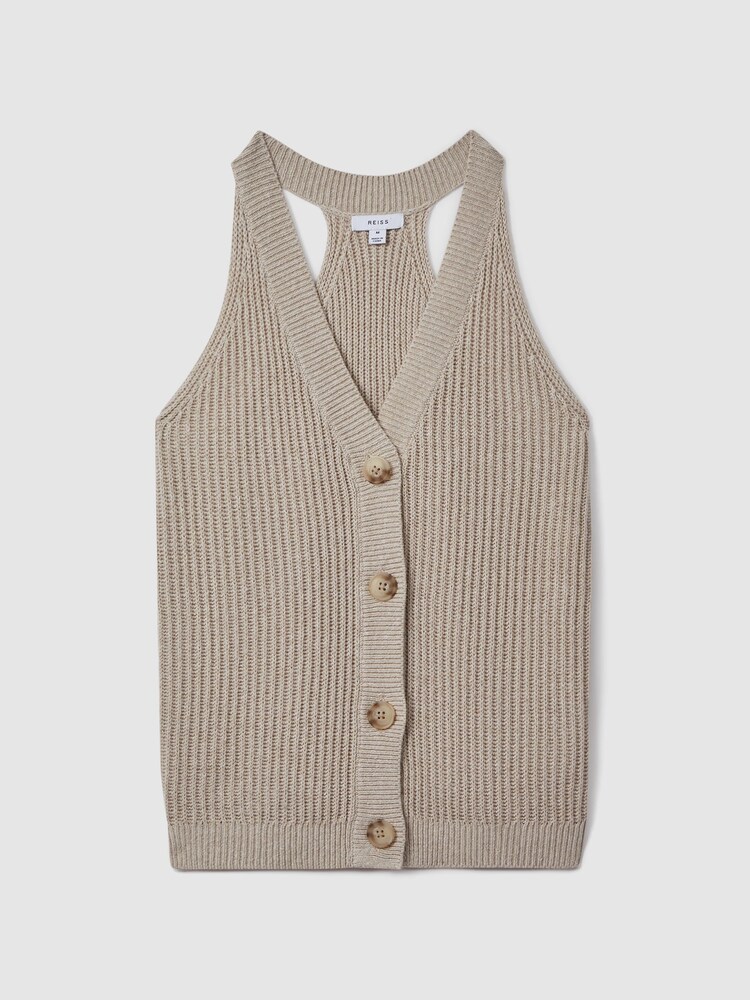 Reiss Neutral Sinead Knitted Halter Neck Top With Linen - Image 2 of 5