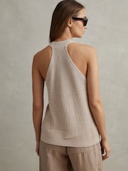Reiss Neutral Sinead Knitted Halter Neck Top With Linen - Image 4 of 5