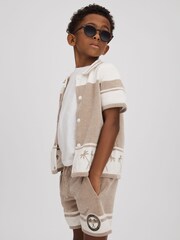 Reiss Taupe/Optic White Bowler 13-14 yrs Velour Embroidered Striped Shirt - Image 2 of 4