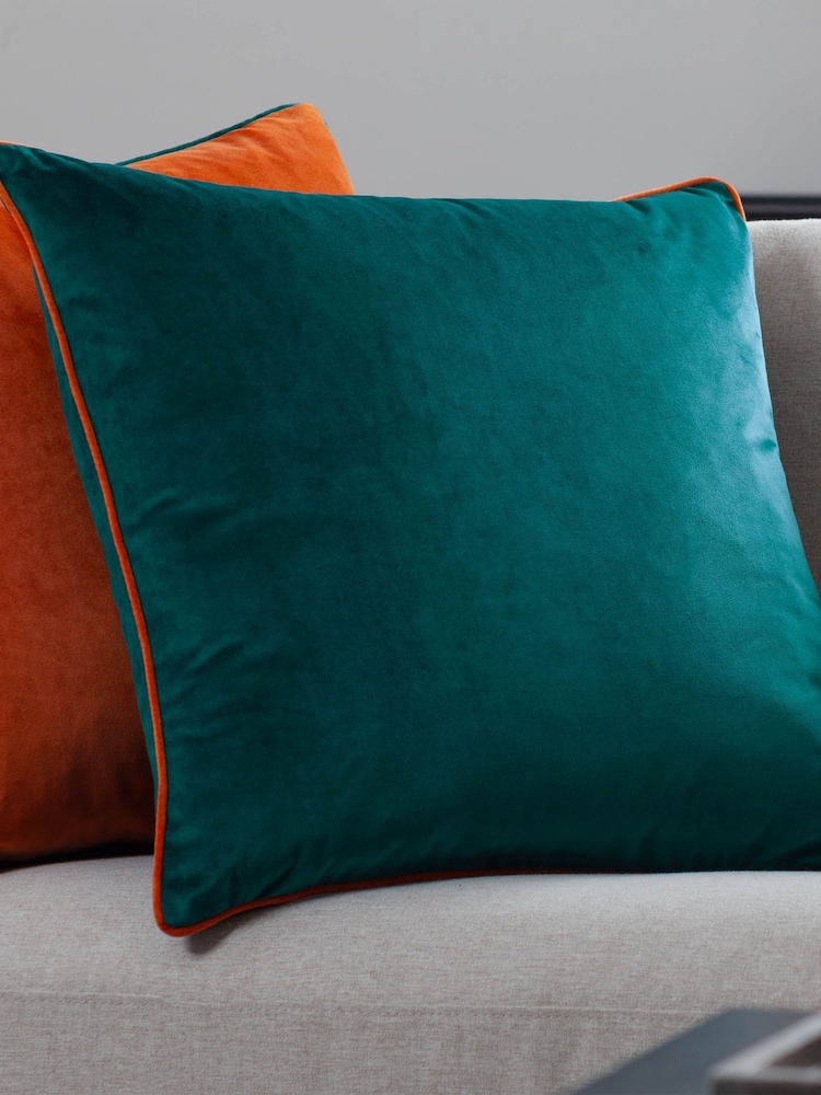 Riva Paoletti Teal Blue/Clementine Orange 55 x 55cm Meridian Velvet Cushion - Image 1 of 4