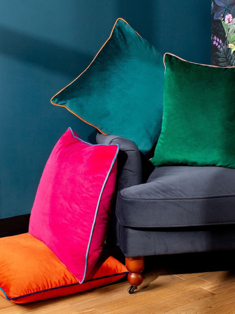 Riva Paoletti Raspberry Pink/Teal Blue 55 x 55cm Meridian Velvet Cushion - Image 2 of 5
