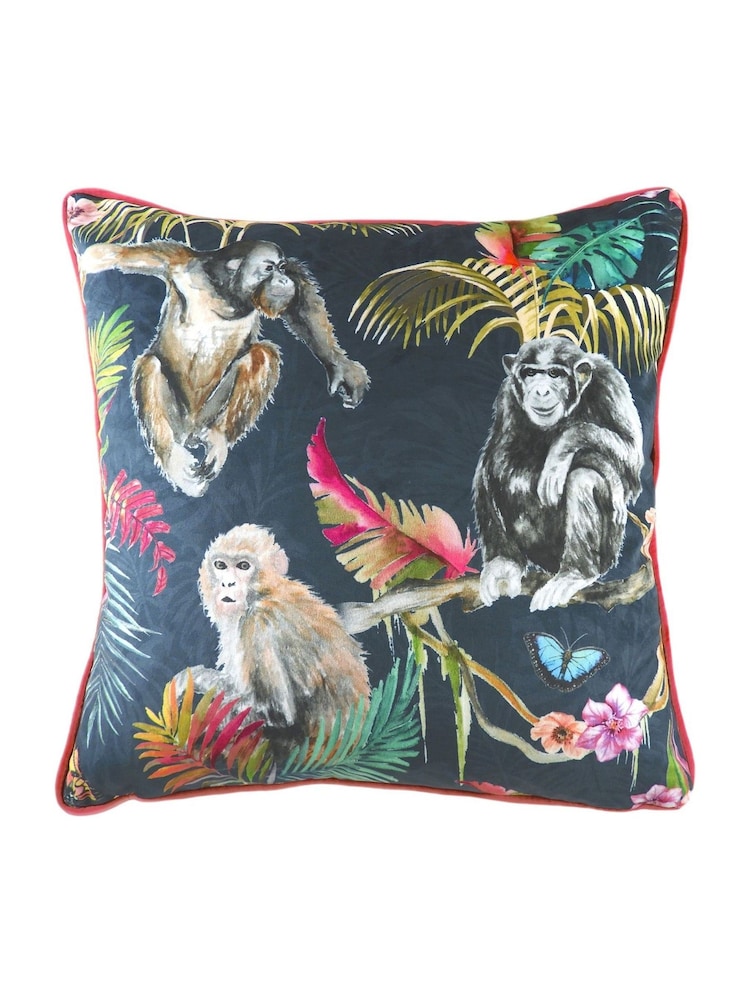 Evans Lichfield Blue Jungle Monkey Velvet Polyester Filled Cushion - Image 1 of 2