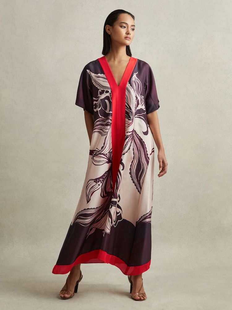 Reiss Ivory/Burgundy Hanna Printed Front Split Midi Dress - Image 1 of 7