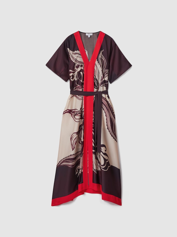 Reiss Ivory/Burgundy Hanna Printed Front Split Midi Dress - Image 2 of 7
