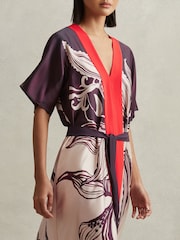 Reiss Ivory/Burgundy Hanna Printed Front Split Midi Dress - Image 3 of 7