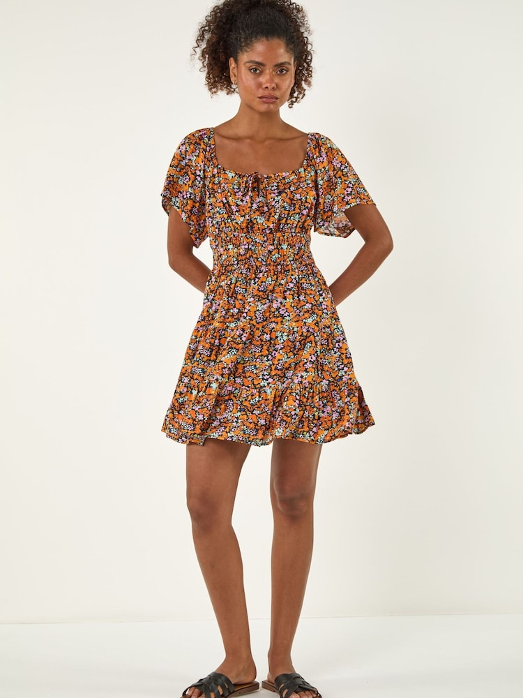 Roman Orange Floral Print Shirred Dress - Image 1 of 5 Roman Orange Floral Print Shirred Dress - Image 1 of 5