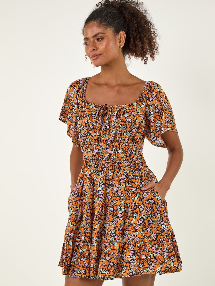 Roman Orange Floral Print Shirred Dress - Image 2 of 5 Roman Orange Floral Print Shirred Dress - Image 2 of 5