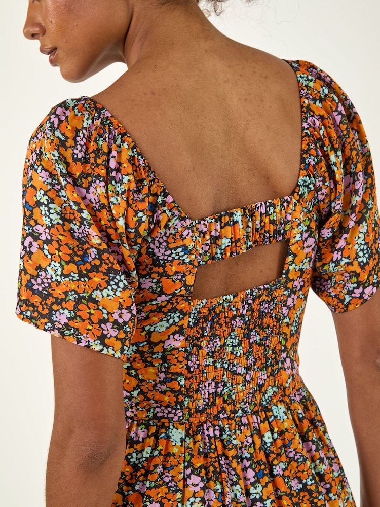 Roman Orange Floral Print Shirred Dress - Image 5 of 5 Roman Orange Floral Print Shirred Dress - Image 5 of 5