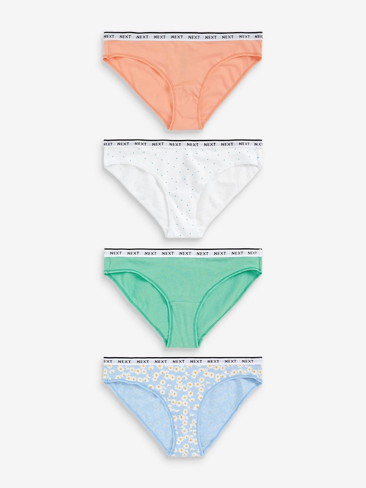Blue Daisy Print/Spot/Green/Orange Bikini Cotton Rich Logo Knickers 4 Pack - Image 1 of 9
