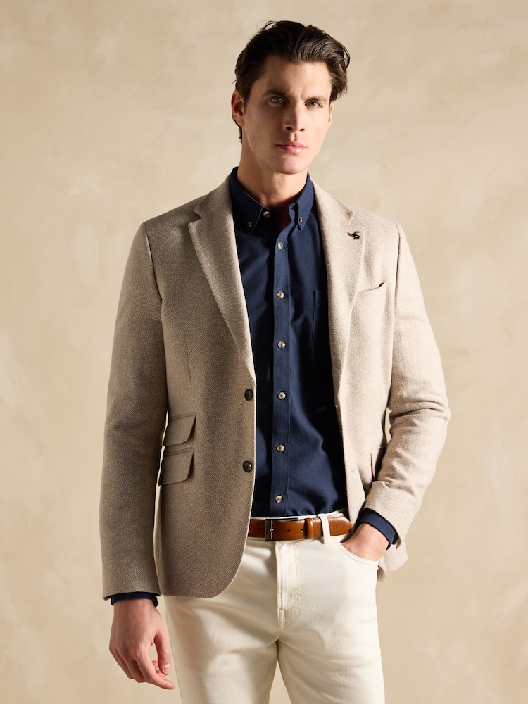 Joules Brown Herringbone Texture Slim Fit Blazer - Image 1 of 13