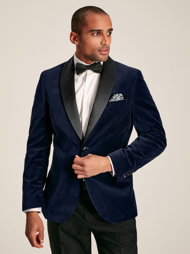 Joules Navy Slim Fit Velvet Blazer - Image 1 of 6