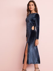 Blue Long Sleeve Cut-Out Ruched Velvet Midi Dress - Image 2 of 4