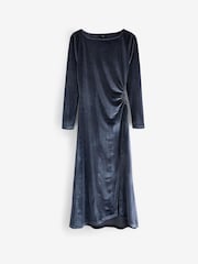 Blue Long Sleeve Cut-Out Ruched Velvet Midi Dress - Image 4 of 4