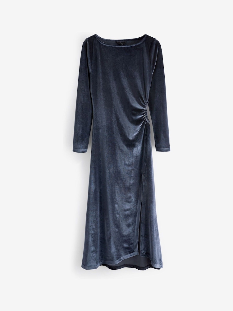 Blue Long Sleeve Cut-Out Ruched Velvet Midi Dress - Image 4 of 4