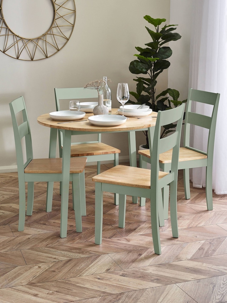 Julian Bowen Sage Green/Natural Oak Linwood Round Dropleaf Dining Set with 4 Chairs - Image 1 of 6 Julian Bowen Sage Green/Natural Oak Linwood Round Dropleaf Dining Set with 4 Chairs - Image 1 of 6