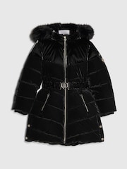 River Island Black Long Line Velour Glam School Puffer Coat - Image 1 of 4