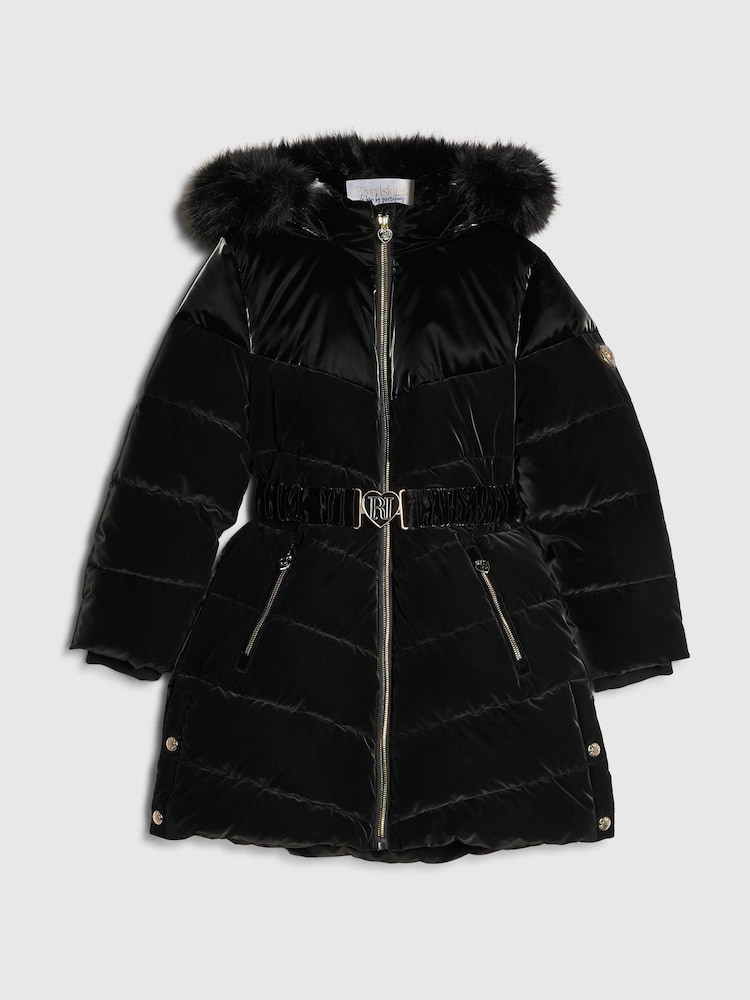 River Island Black Long Line Velour Glam School Puffer Coat - Image 1 of 4 River Island Black Long Line Velour Glam School Puffer Coat - Image 1 of 4