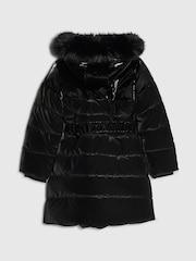 River Island Black Long Line Velour Glam School Puffer Coat - Image 2 of 4