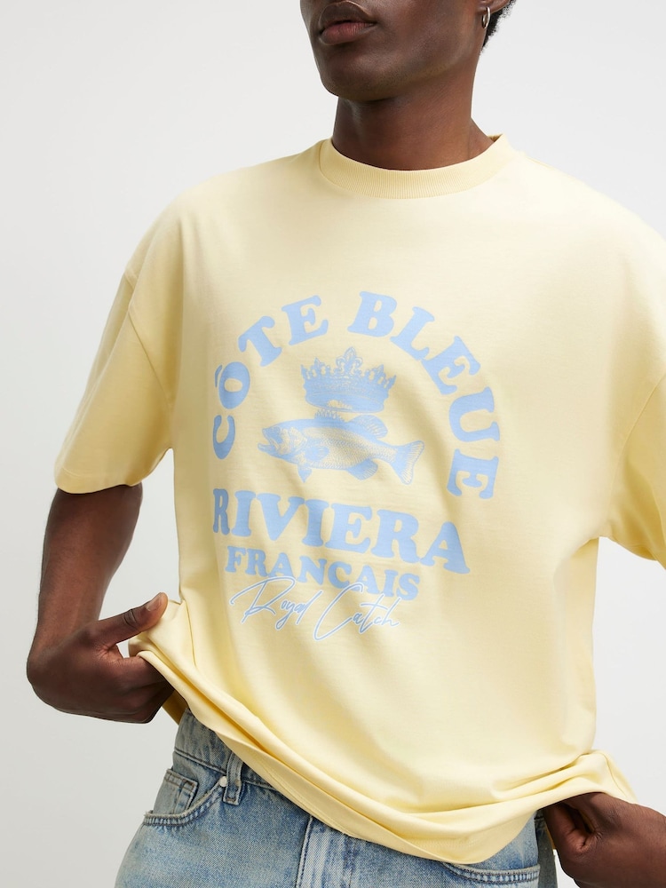 River Island Yellow Oversized Cote Bleue Fish T-Shirt - Image 4 of 4