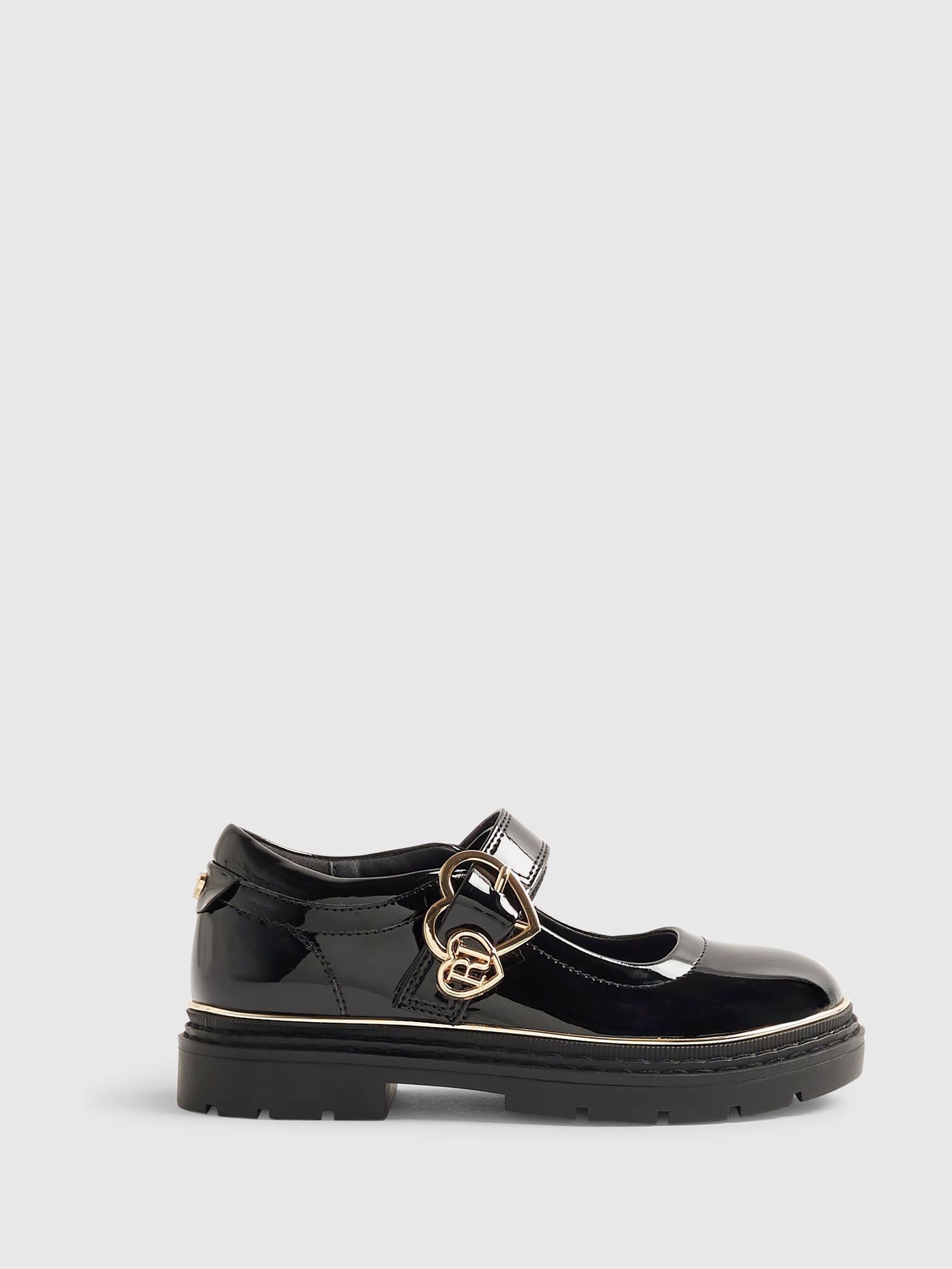 River Island Black Double Heart Mary Jane School Shoes view 1
