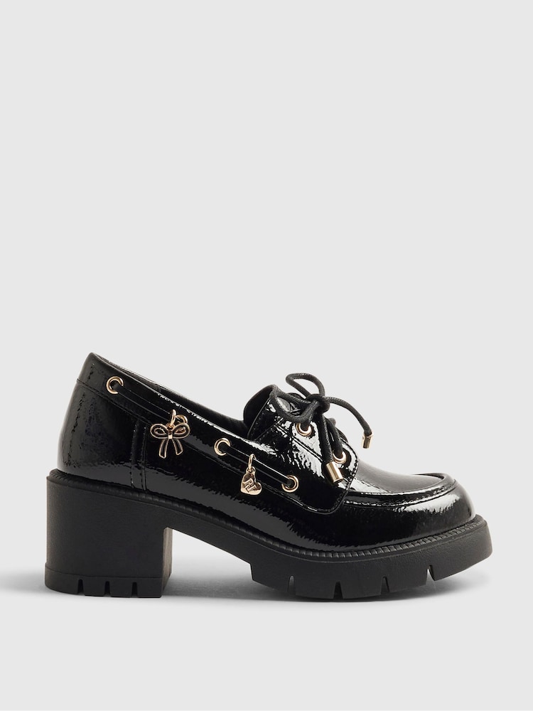 River Island Black Back To School Heeled Boat Shoes - Image 2 of 5