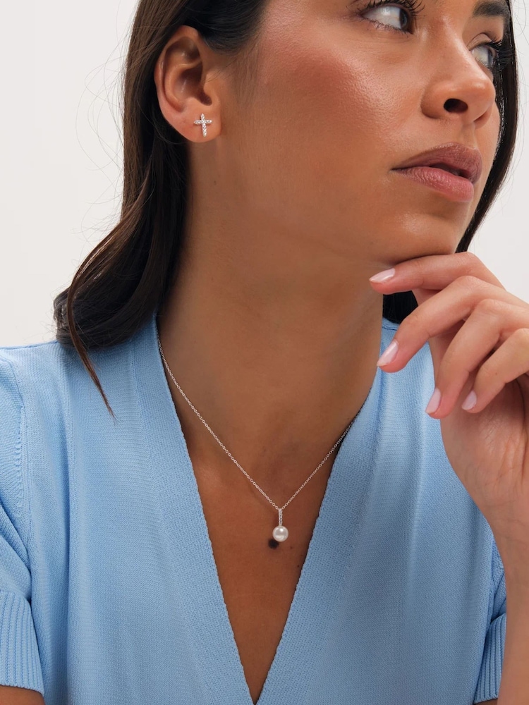 Simply Silver 925 Sterling Silver Cubic Zirconia Bar Pearl Pendant Gift Pouch - Image 2 of 3 Simply Silver 925 Sterling Silver Cubic Zirconia Bar Pearl Pendant Gift Pouch - Image 2 of 3